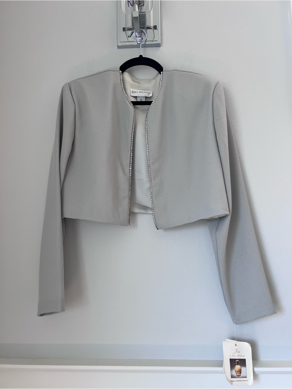 Jessica McClintock Light Gray Cropped Open-Front Blazer with Beaded Trim
